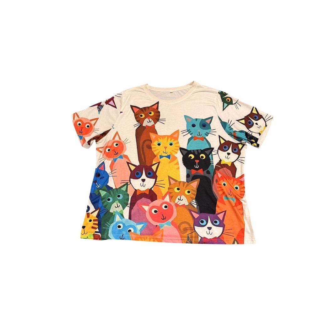 Womens Colorful All Over Cat Print T-Shirt Short Sleeve Crewneck 5XL Graphic Tee
